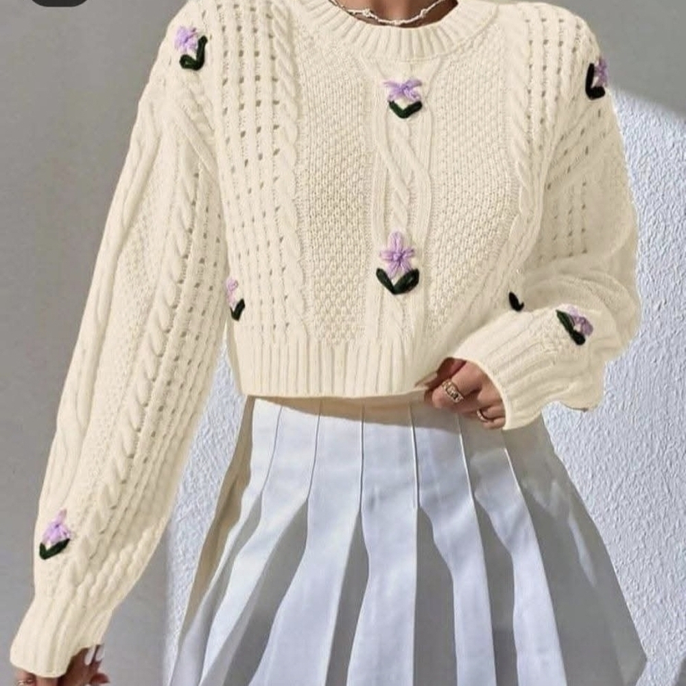 Cream Cable Knit Sweater with Floral Accents - Picture 1 of 9
